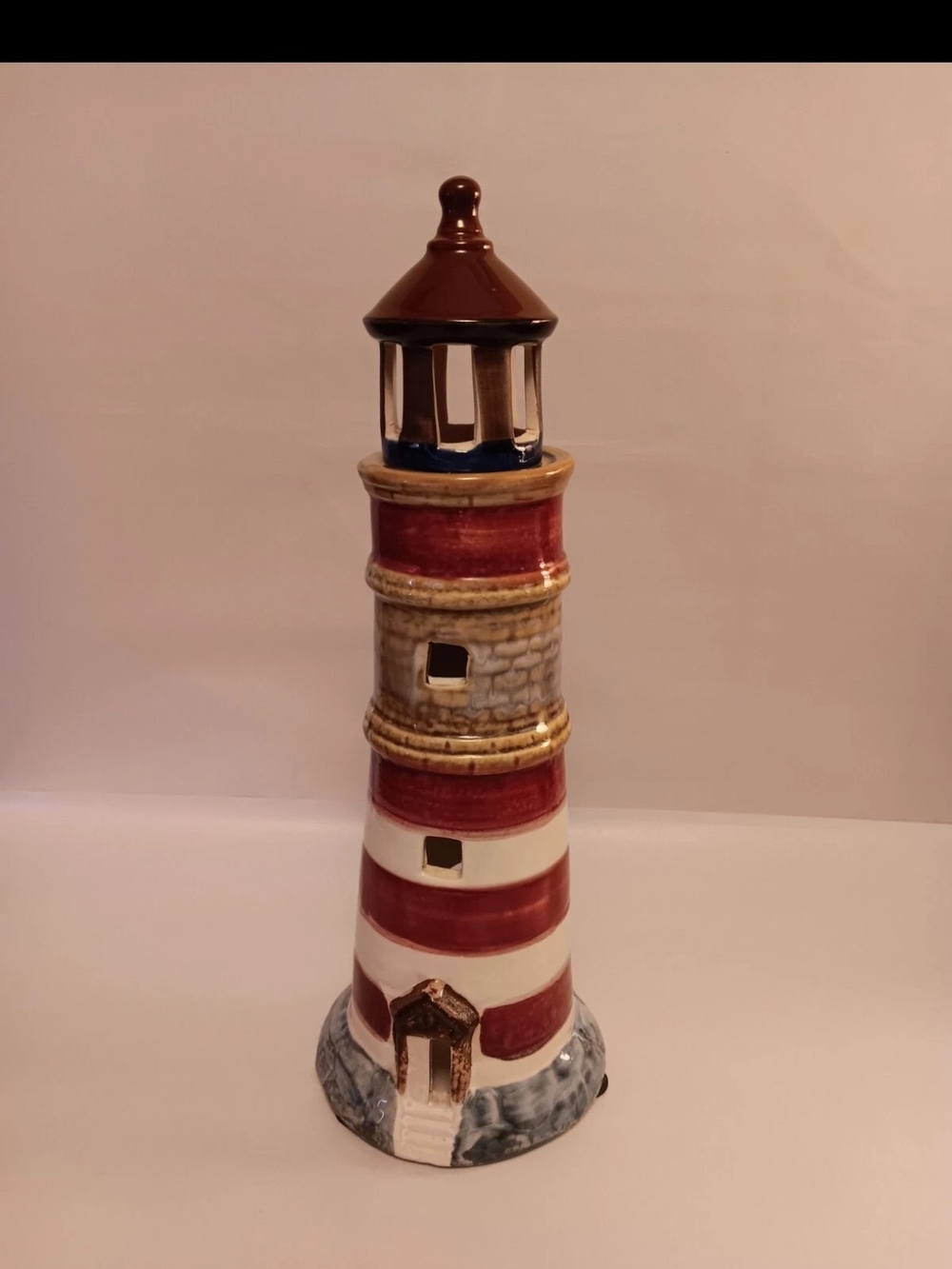 Vintage Ceramic Lighthouse Hand-Painted Coastal Tea Light Candle Holder 12.5"